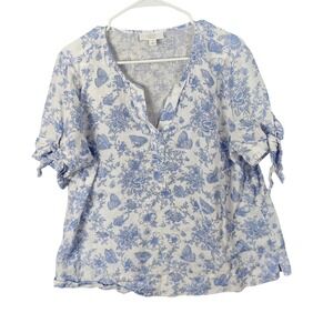 Charter Club Luxury 100% Linen Butterfly Floral Fairy VNeck Blouse Womens XL